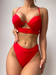 Solid Color Hollow Sexy Bikini Set