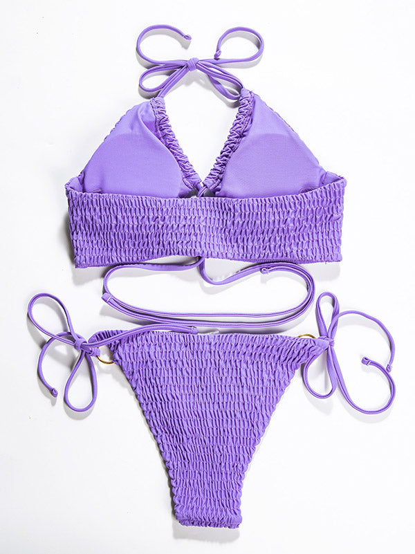 Solid Lace-Up Triangles Split Bikini Swimsuit