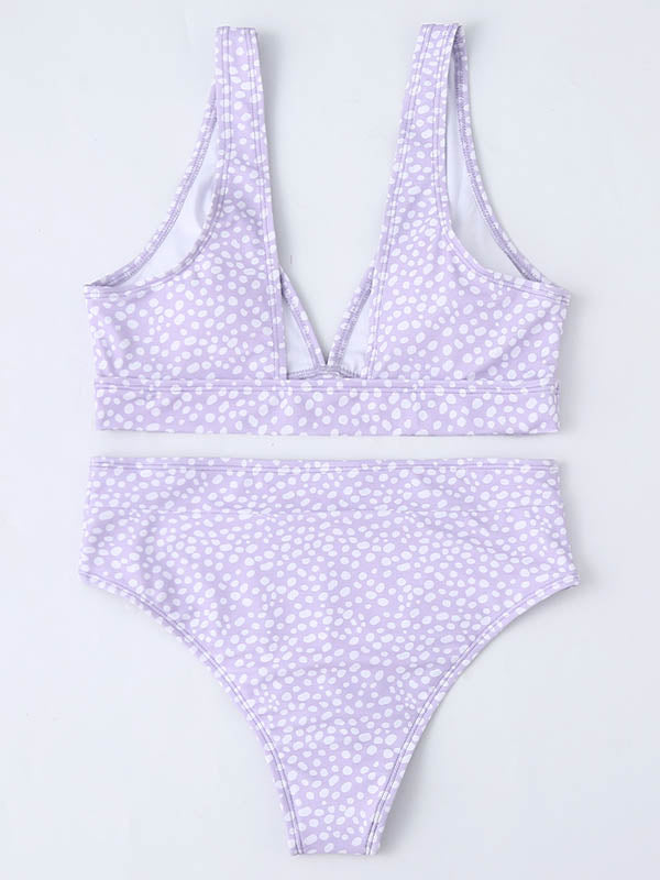 Polka-Dot Printed Deep V-Neck Split Bikini Swimsuit