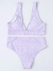 Polka-Dot Printed Deep V-Neck Split Bikini Swimsuit