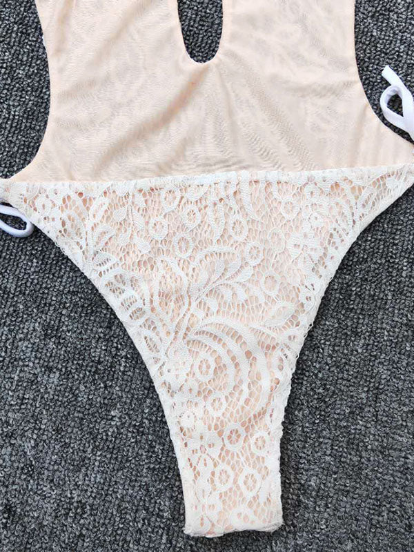 Monokini Halterneck Lace Split-Joint One-Piece Swimwear