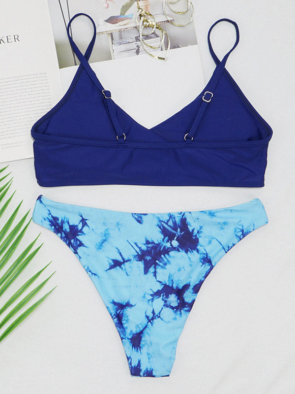 Color-Block Floral-Print Spaghetti-Neck Split Bikini Swimsuit