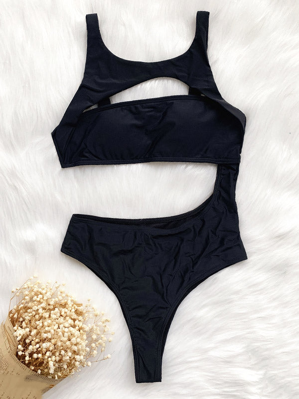 Sleeveless Hollow Bralette High-Waisted Plain One-Piece Monokini Swimwear