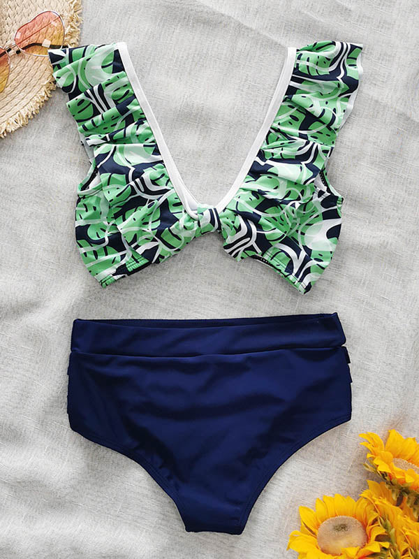 Falbala Floral Printed Split Bikinis Swimsuit