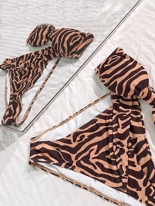 Leopard Print Bandeau Split-Joint Split Bikini Swimsuit