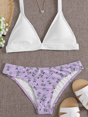 Floral-Print Color-Block Triangles Split Bikini Swimsuit