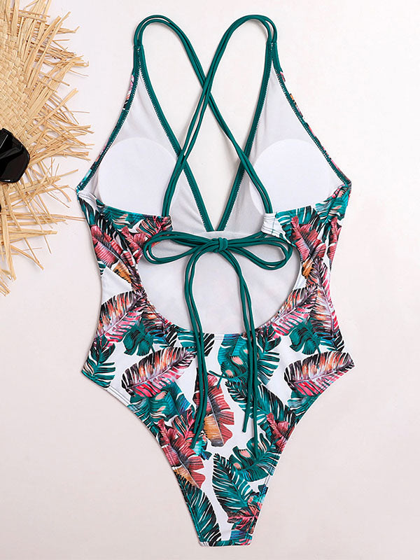 Floral-Print V-Neck Backless Tight One-Piece Swimwear