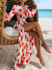 Polka-Dot Floral-Print Puff Sleeves Tunicshang Maxi Dress