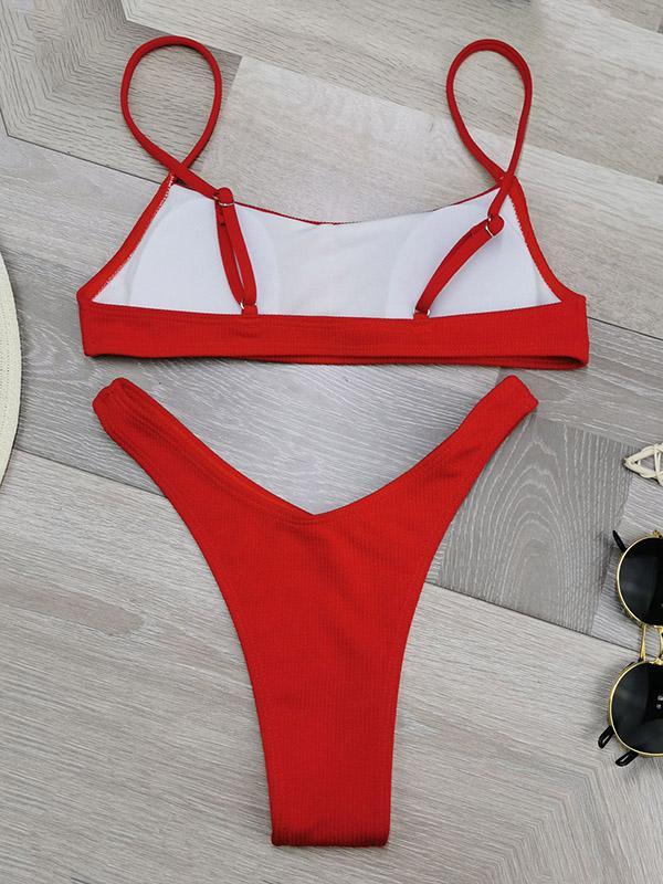 Solid Color Thread Spaghetti-Neck Split Bikini Swimsuit