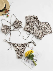 Bikini-Badeanzug + Oberteile mit Leopardenmuster, Hohlbandage und Schlitz 