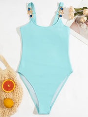 Crystal Decorated Solid Color Tight One-Piece Swimwear