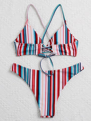 Striped Triangles Backless Bandage Split Bikini Swimsuit