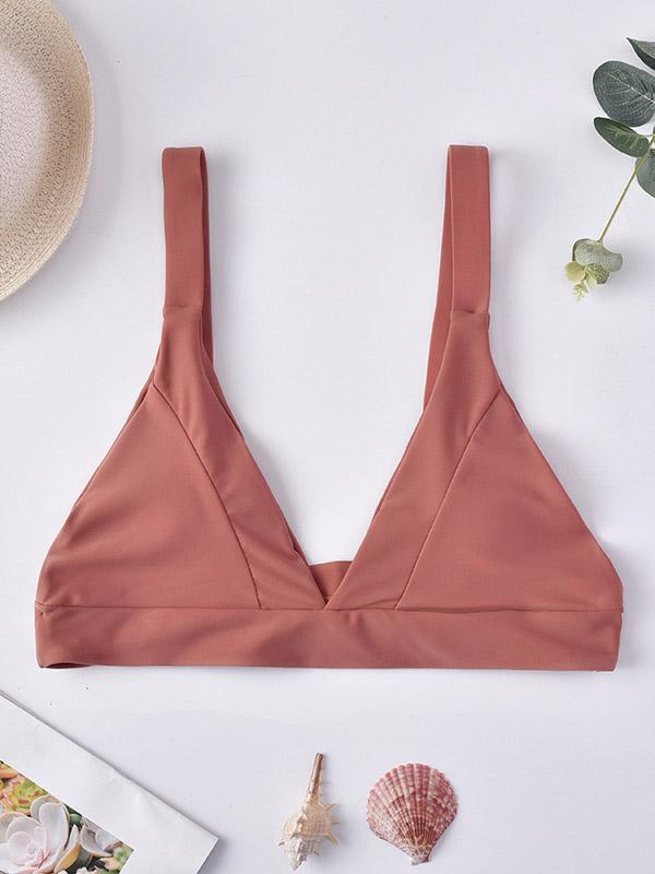 Solid Color Deep V-Neck Bikini Top Swimwear