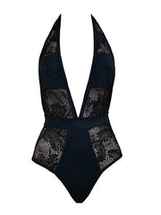 Lace Split-Joint See-Through Halterneck One-Piece Swimwear