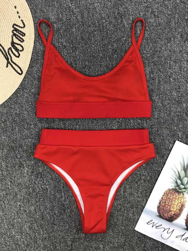 Solid Color Spaghetti-Neck Empire Split Bikini Swimsuit