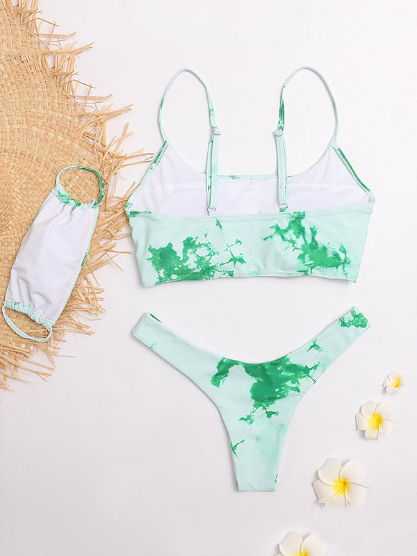 Tie-Dyed Gradient Spaghetti-Neck Split Bikini Swimsuit+Mask