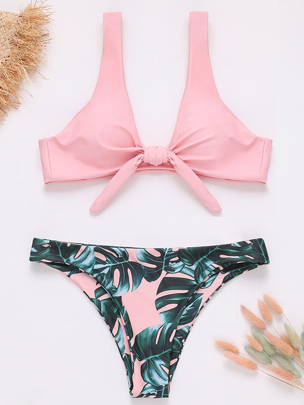 Floral-Print Color-Block Knotted Split Bikini Swimsuit