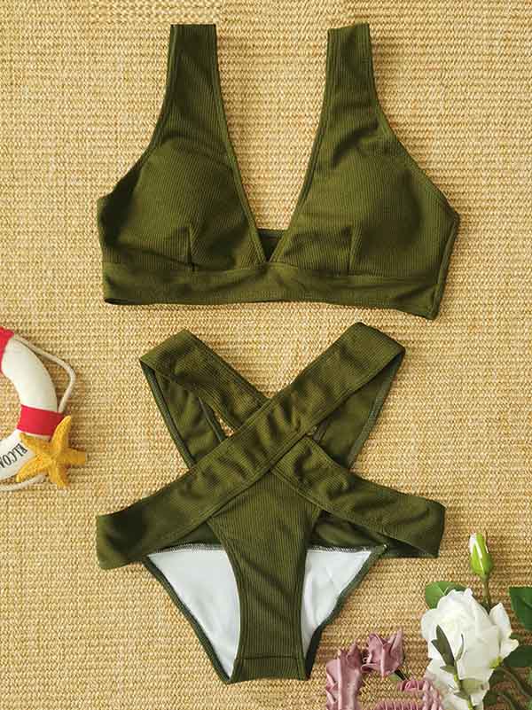 Solid Color V-Neck Crossed Bikini Swimsuit