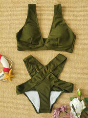 Solid Color V-Neck Crossed Bikini Swimsuit