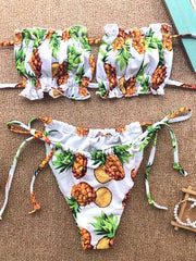 Floral-Print Bandage Hollow Bandeau Split Bikini Swimsuit