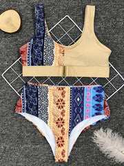 Vintage Print Asymmetric Embellished Split Bikini Swimsuit