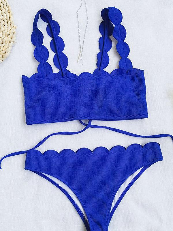 Solid Color Lace Bandage Bandeau Split Bikini Swimsuit