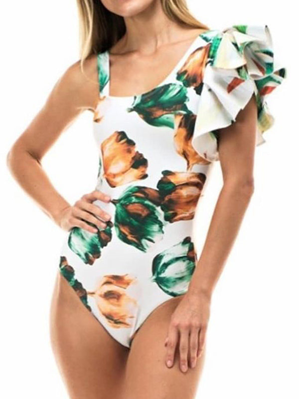 Ruffled Floral One Shoulder-Ruffled One-Piece Swimwear