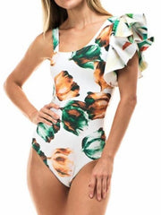 Ruffled Floral One Shoulder-Ruffled One-Piece Swimwear