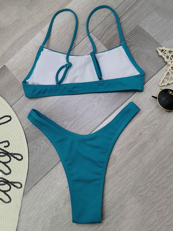 Solid Color Thread Spaghetti-Neck Split Bikini Swimsuit