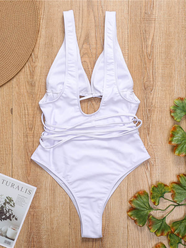 Solid Color Bandage Hollow One-Piece Swimwear