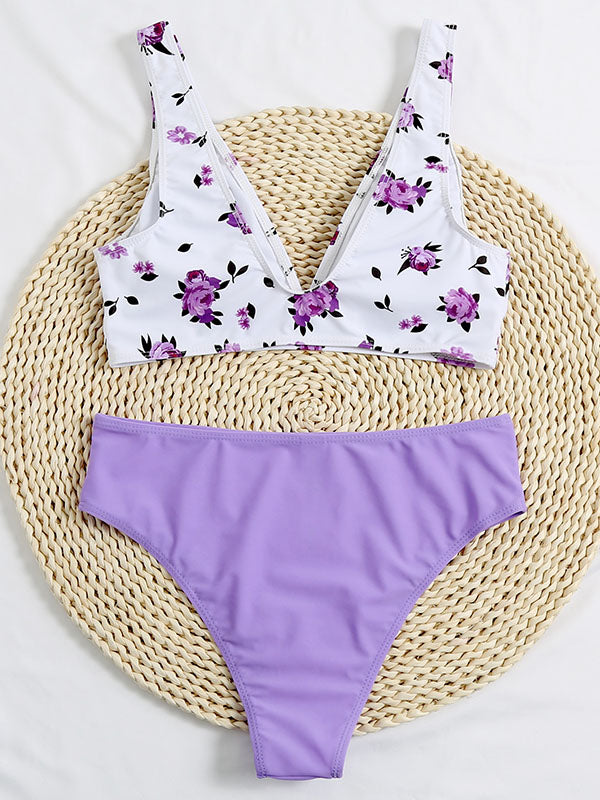 Bikini-Badeanzug mit Blumenmuster, Farbblock, V-Ausschnitt und Schlitz 