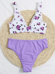 Floral-Print Color-Block V-Neck Split Bikini Swimsuit