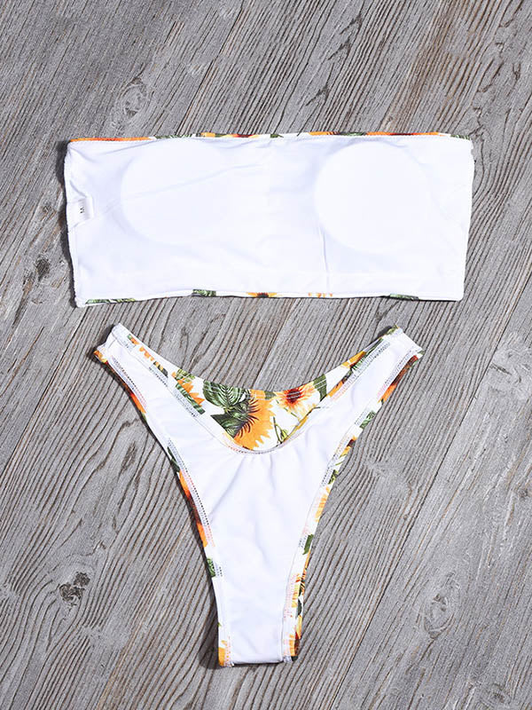 Floral-Print Bandeau Split Bikini Swimsuit