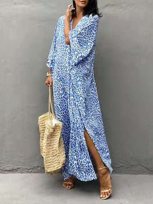 Batwing Sleeves Loose Leopard Split-Side Sun Protection V-Neck Cover-Ups Swimwear Maxi Dresses