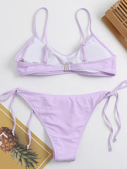 Solid Color Bandage Knotted Split Bikini Swimsuit