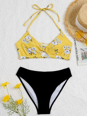 Neckholder-Bikini-Badeanzug mit Schlitz und Farbblock-Blumenmuster 