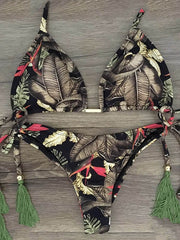 Bikini-Badeanzug mit Blumenmuster, Rüschen, Bandage, Dreiecken und Schlitz 