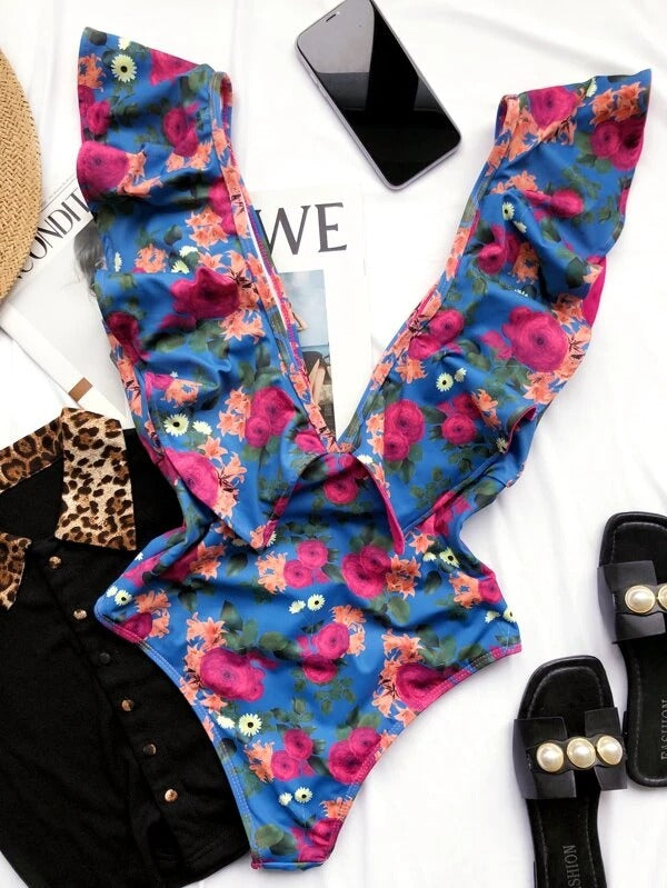 Ruffled Floral V-Neck One-Piece Swimwear