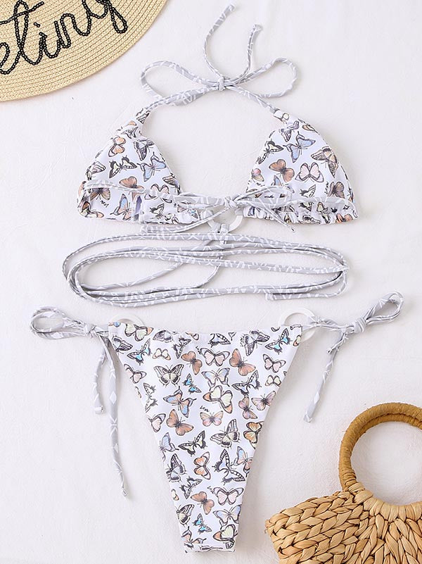 Butterflies Print Triangles Split-Joint Bandage Bikini Swimwear