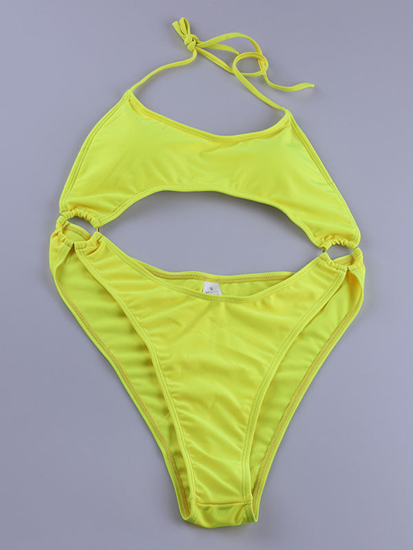 Solid Color Halterneck Split-Joint Backless Monokini Swimwear