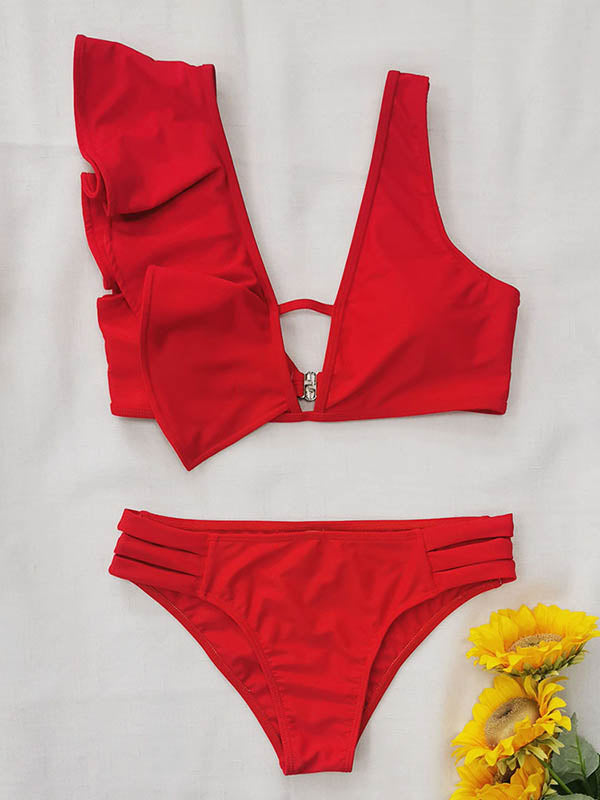 Floral Falbala Asymmetric Bikini Swimsuit