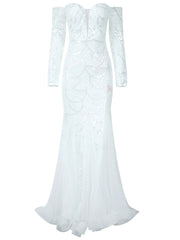 Off Shoulder Long Sleeve Mermaid Hem Sequin Wedding Dress XJ1718