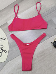 Solid Color Thread Spaghetti-Neck Split Bikini Swimsuit