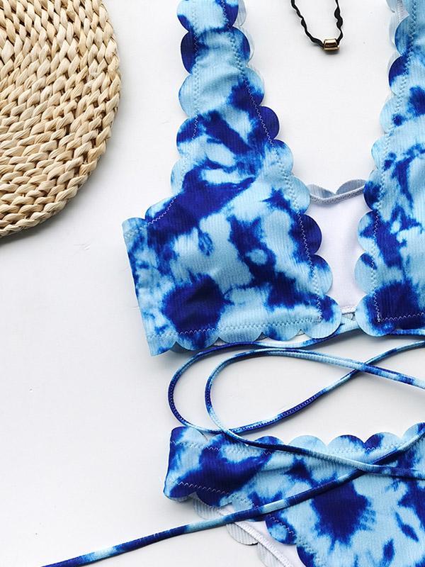 Tie-Dyed Floral-Print Deep V-Neck Bandage Split Bikini Swimsuit