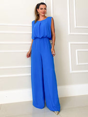 Blue Jumpsuit Jewel Neck Sleeveless Wide Summer One Piece Outfit