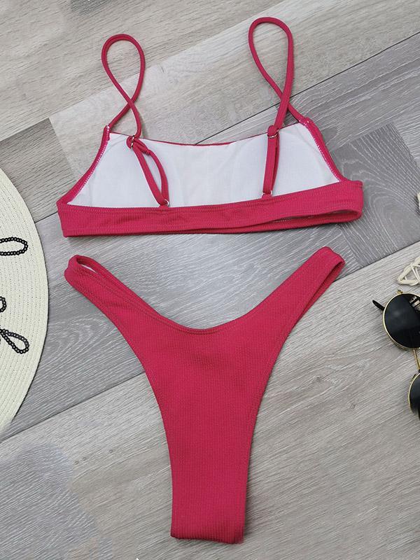 Solid Color Thread Spaghetti-Neck Split Bikini Swimsuit