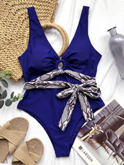 Snake-Print Bandage Split-Joint Gathered One-Piece Swimwear