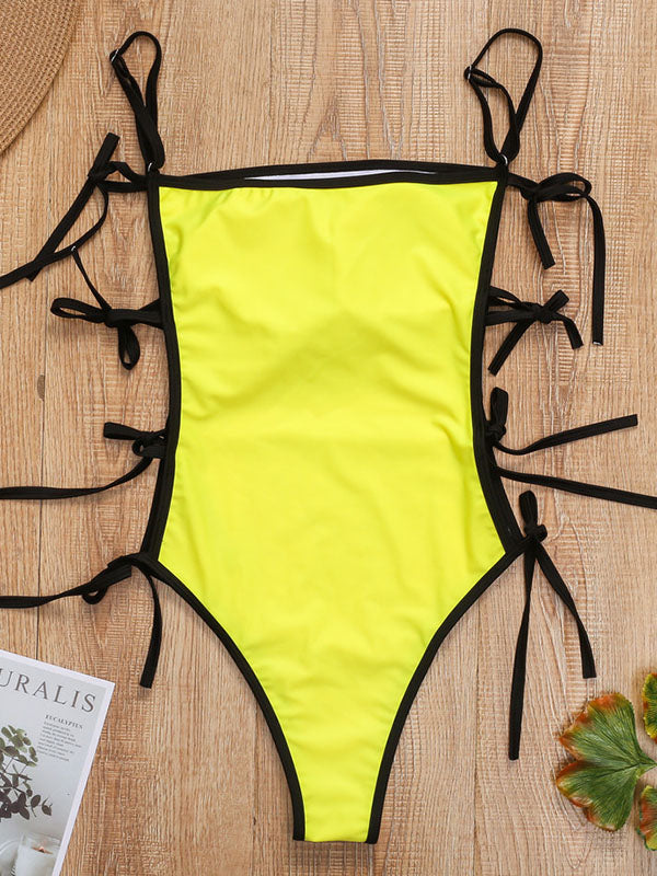 Spaghetti-Neck Tight Hollow Monokini Swimwear