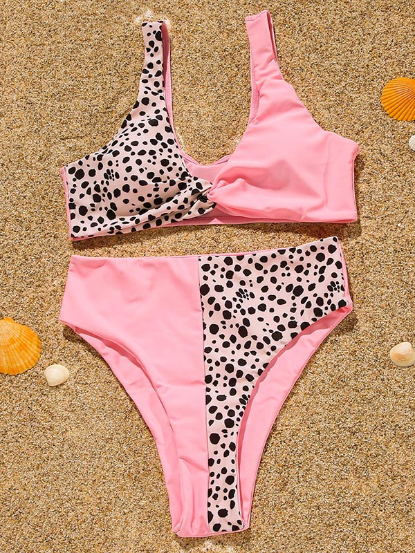 Bikini-Bademode mit Leopardenmuster und hoher Taille in Kontrastfarbe und Bralette 