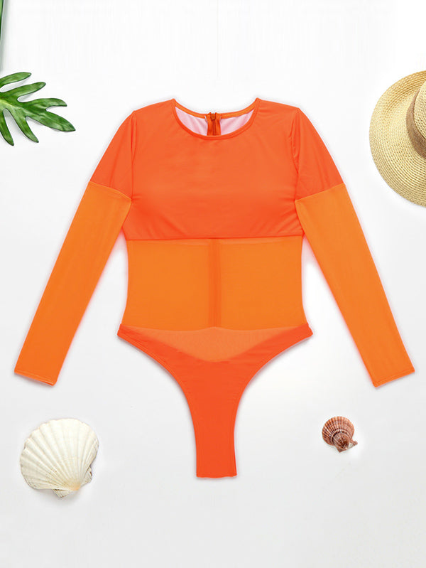 Solid Color See-Through Gauze Split-Joint Long Sleeve One-Piece Wetsuit